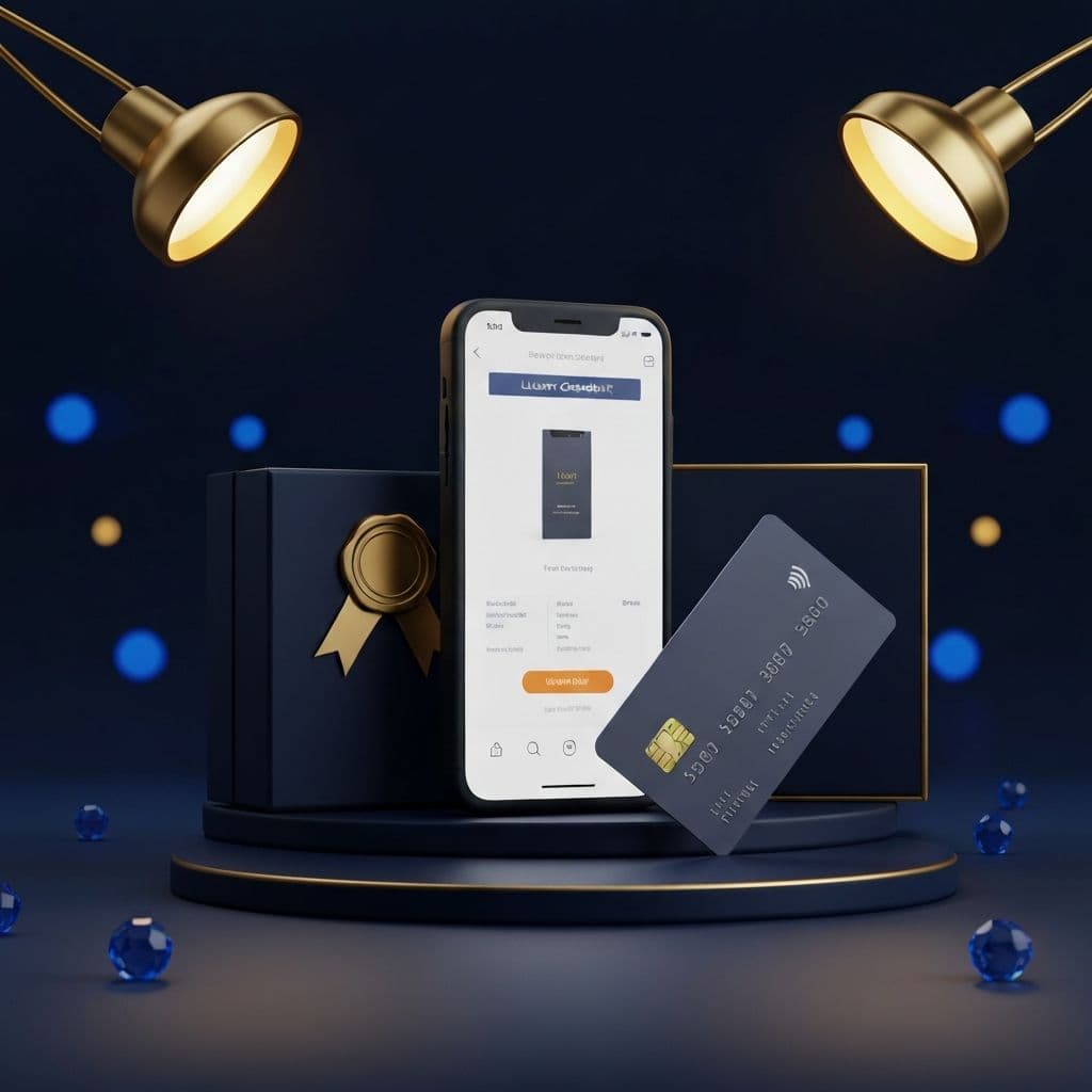 Premium product checkout still life with a sleek phone, product box, and credit card