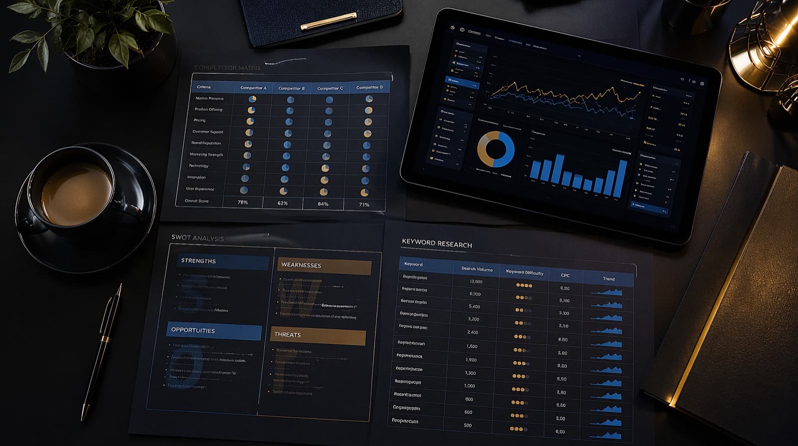 Strategist desk with competitor matrix, SWOT grid, and SEO keyword research