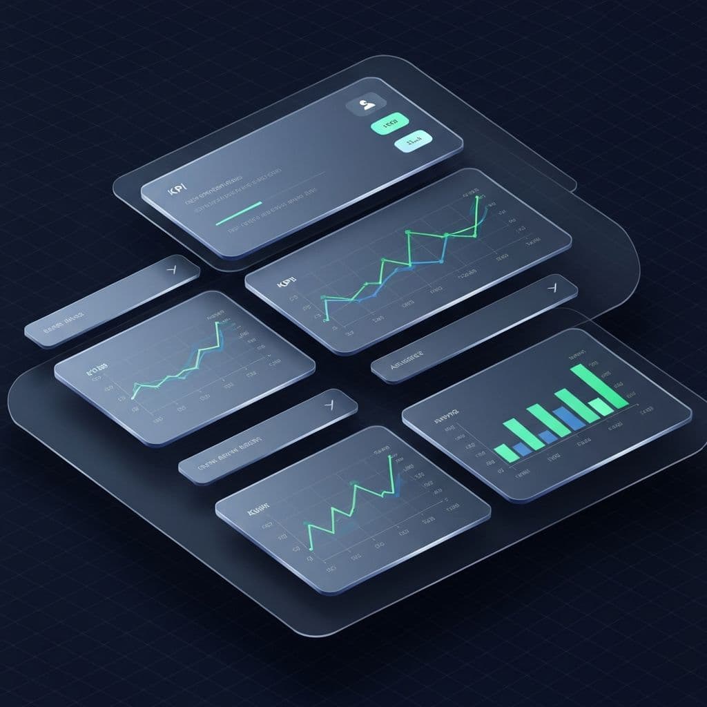 Glass SaaS dashboard panels with KPI tiles and rising charts on a navy background