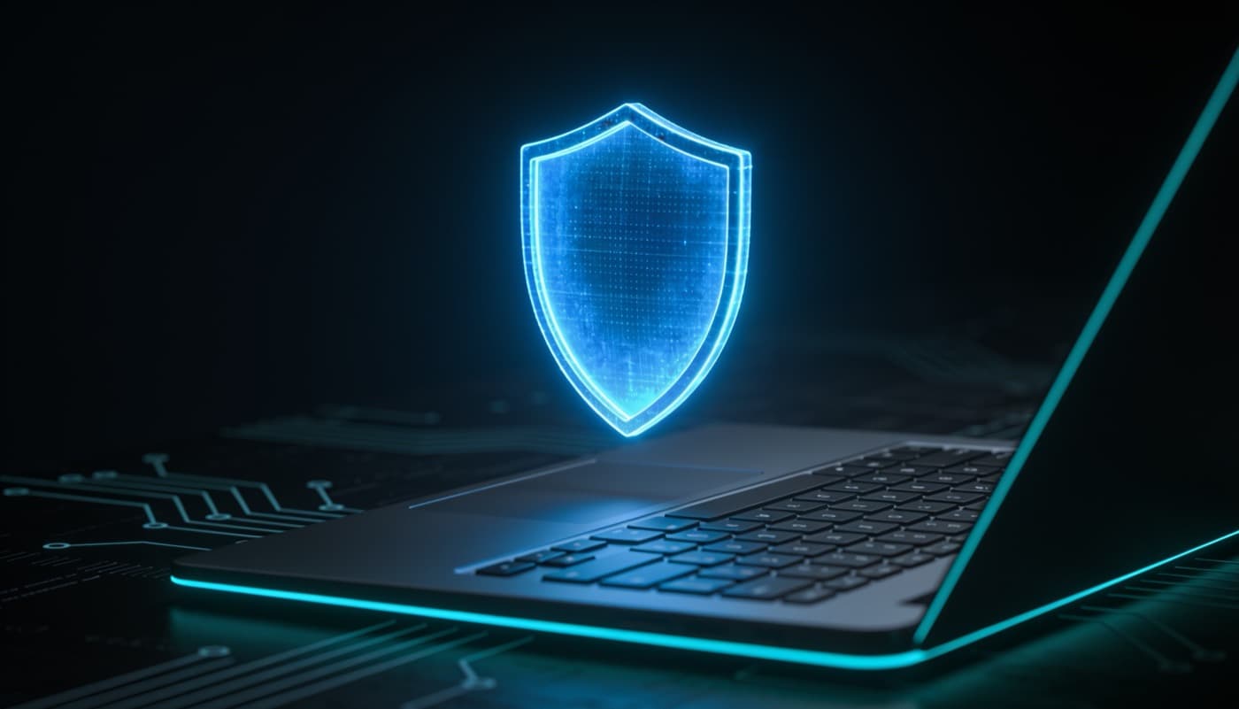 Code editor with TypeScript and a holographic shield padlock representing secure development