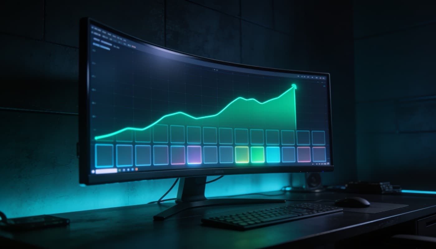 Analytics control room with rising traffic graph and keyword ranking heatmap