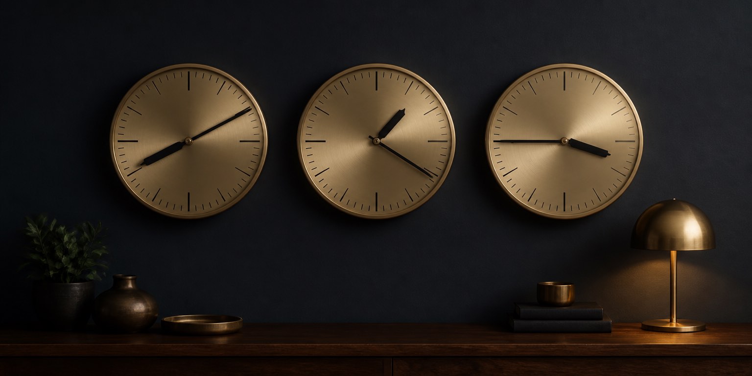 Three studio wall clocks on one shelf: the same team serving three time zones and three currencies
