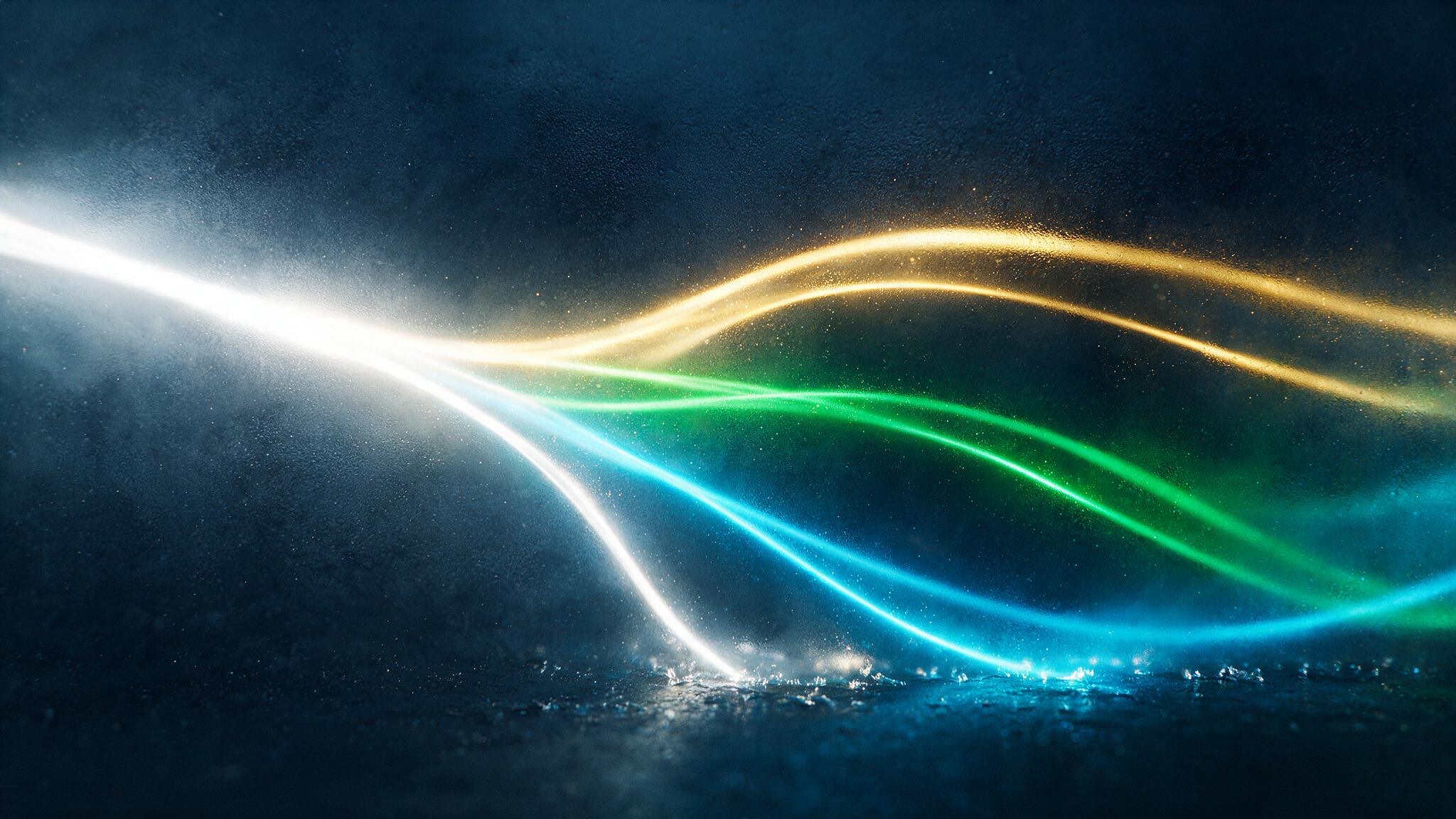 A single stream of light branching into three currency paths: gold, emerald and cyan