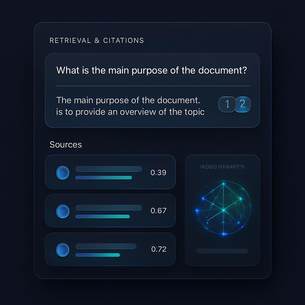 RAG retrieval interface with ranked document chunks, similarity scores and cited answer