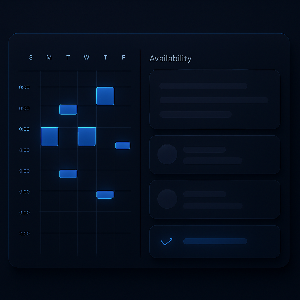 Custom booking and scheduling application showing a calendar grid with time slots, availability sidebar and appointment cards