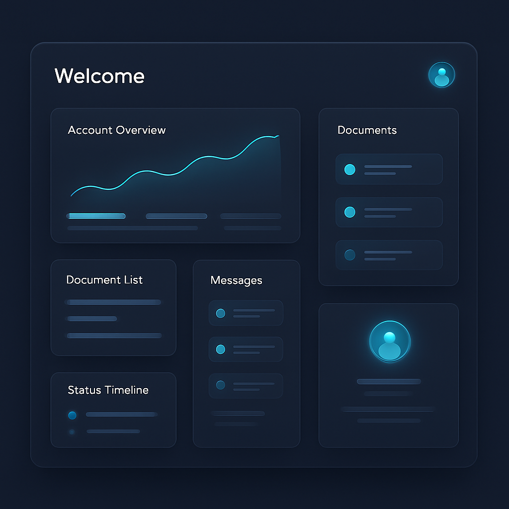 Custom client and staff portal interface showing account overview, document list, status timeline and messages