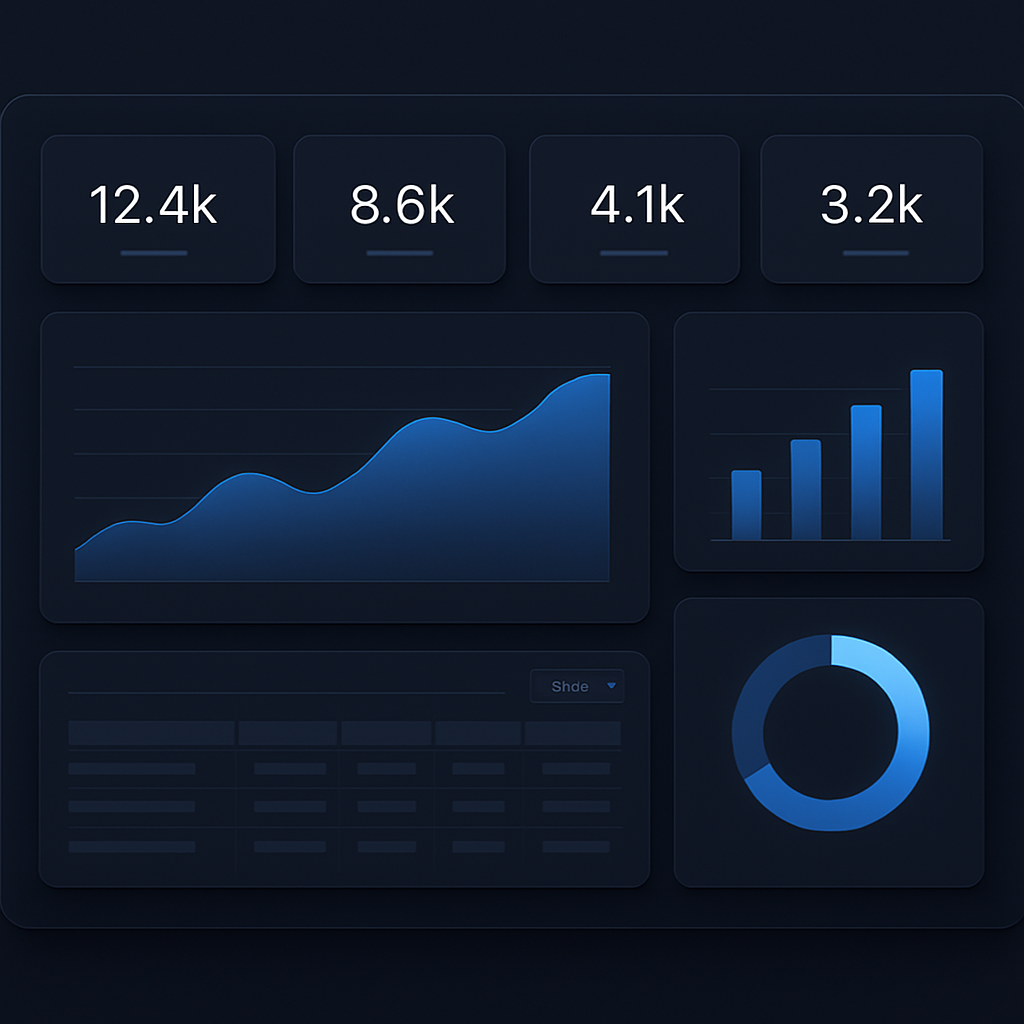 Custom reporting and analytics dashboard showing KPI cards, area chart, bar chart, donut chart and an exportable data table
