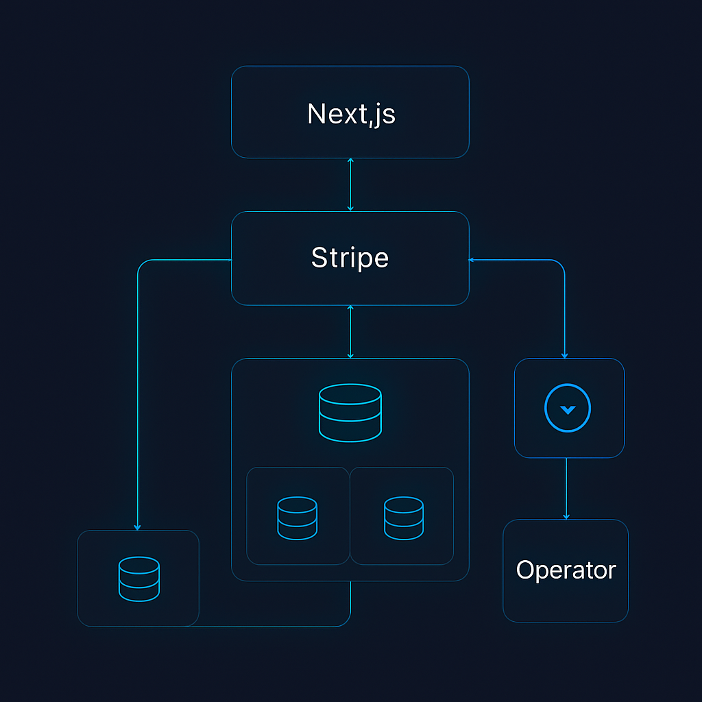 Headless commerce architecture diagram showing Next.js storefront, Stripe checkout, Postgres catalogue and orders database and webhook processing