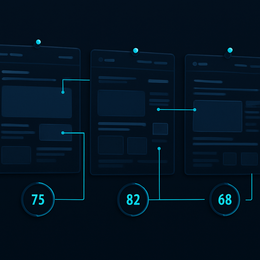 Competitor teardown board comparing three rival websites with annotations