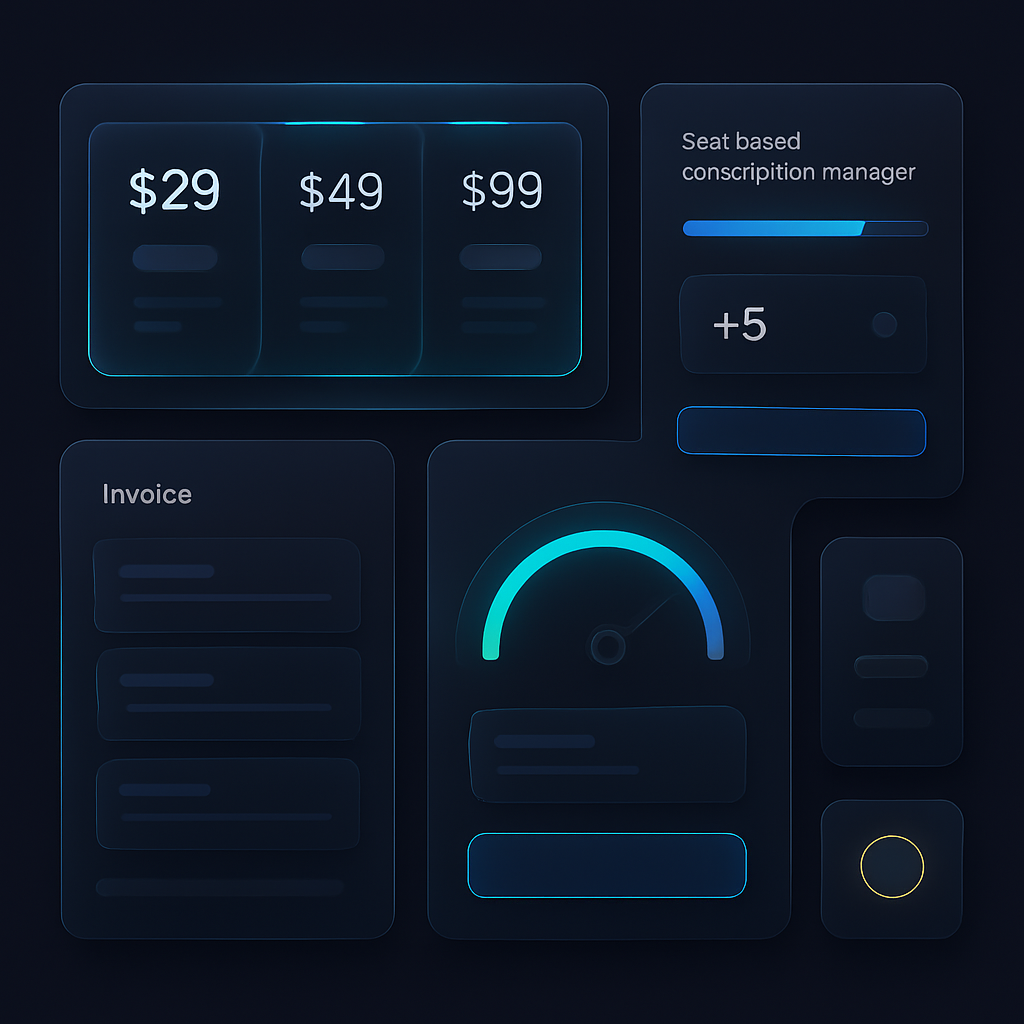 SaaS subscription billing interface with plan tiers, seats and metered usage