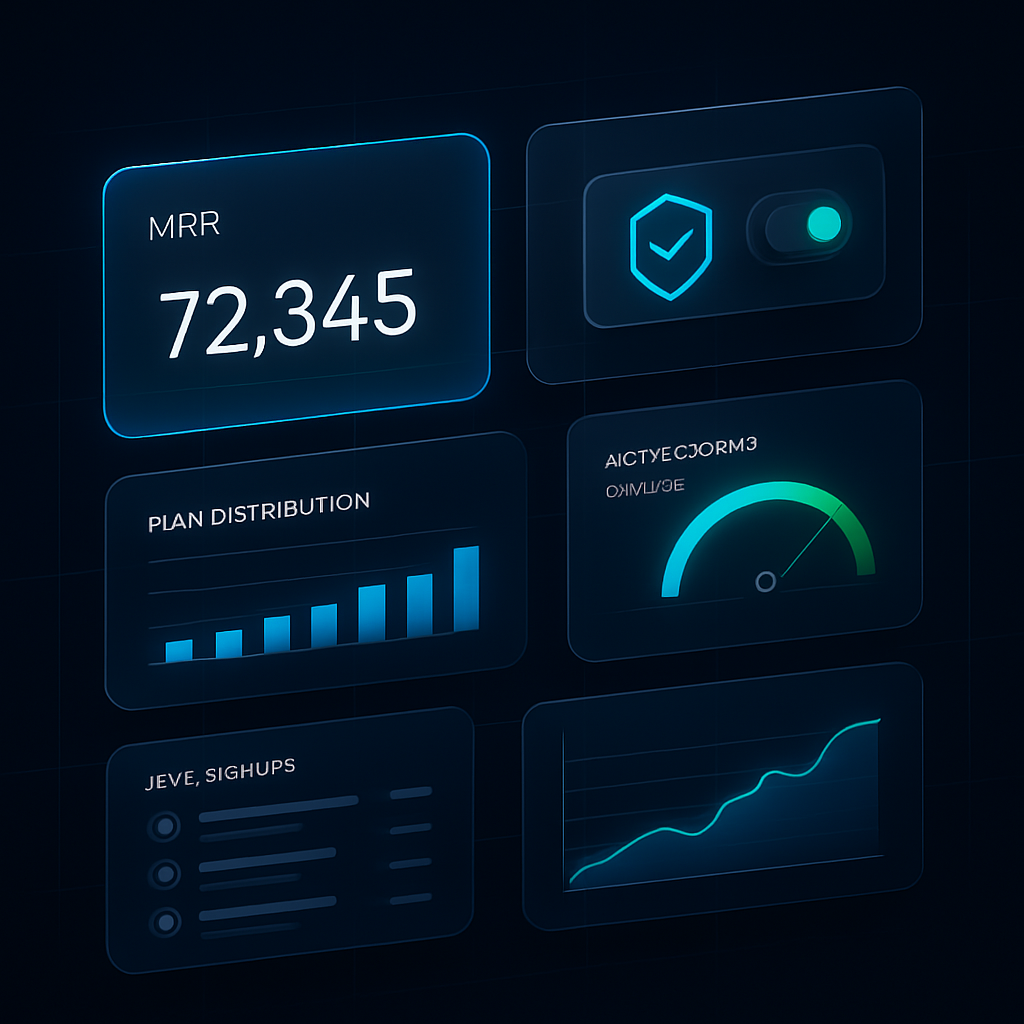 SaaS control plane dashboard showing MRR, active organisations and plan distribution