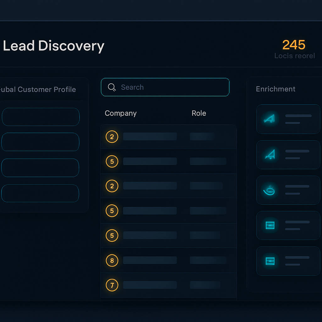 B2B lead discovery interface with a prospect list, ICP filters and lead scores